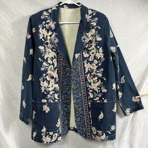 Vintage Floral Denim Jacket Womens M/L Oversized Plus Size 90s Cottage Grandma